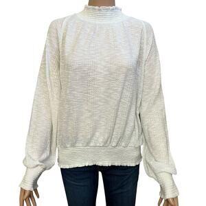 Free People Boulevard Mock Neck Top Large Waffle Knit Smocked White Boho Loose